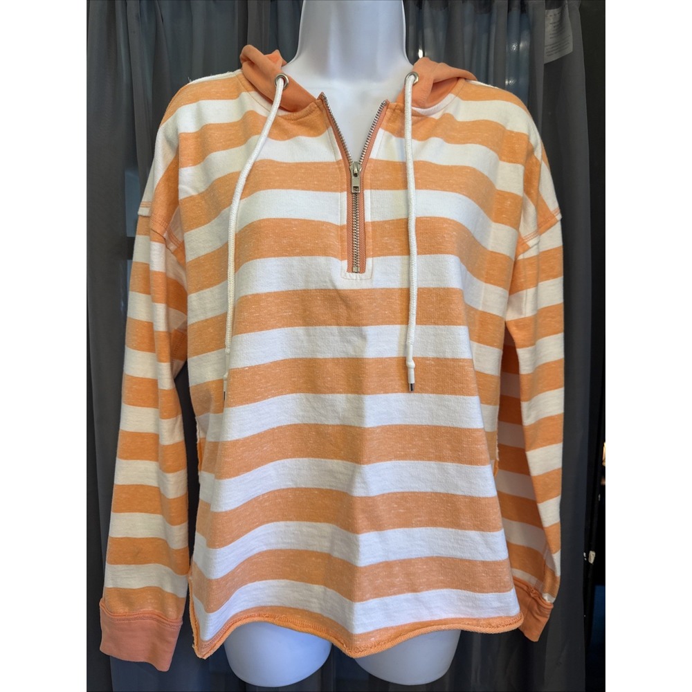 Hem & Thread Women's Size M Orange White Striped Half-Zip Cropped Hoodie